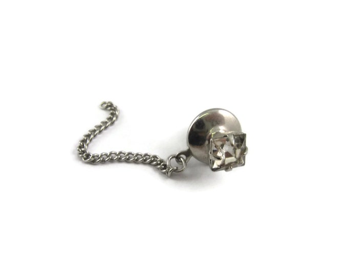 Vintage Men's Tie Tack Pin Jewelry: Square Cut Clear Jewel in Silver Tone Setting