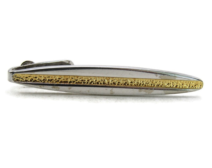Rounded Tie Bar Textured Gold Tone Center Silver Tone Tie Bar Modernist Men's Jewelry