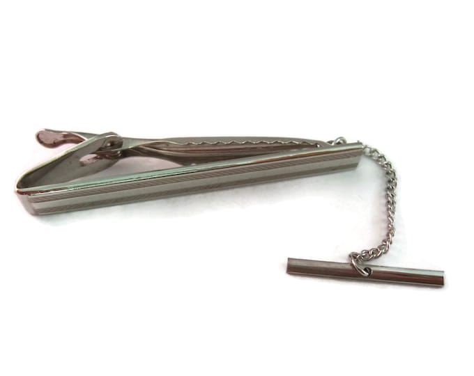 Vintage Men's Tie Bar Clip Jewelry: Diagonal Grooved Horizontal Stripes Silver Tone Design