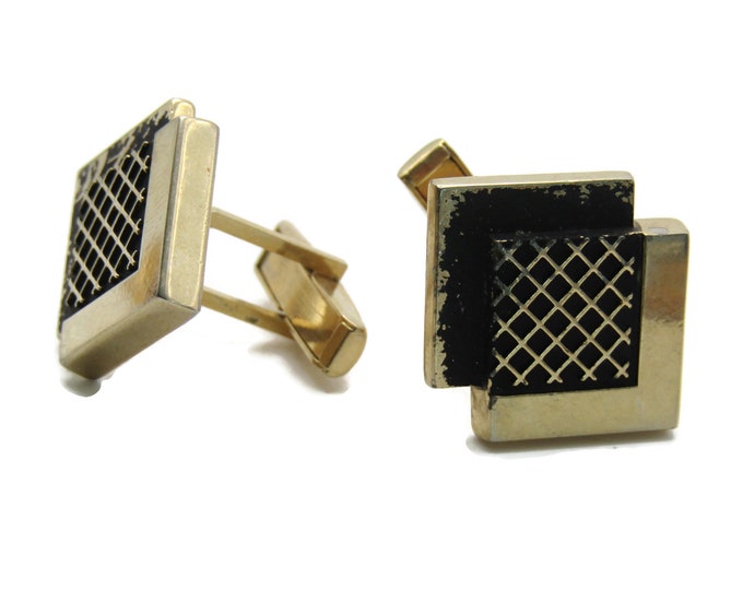 Overlapping Squares Textured Center Cuff Links Men's Jewelry Black & Gold Tone