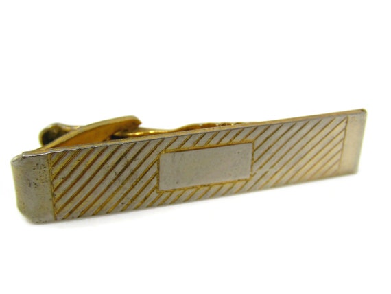Cool Tie Clip Vintage Mens Tie Bar Striped Gold T… - image 1