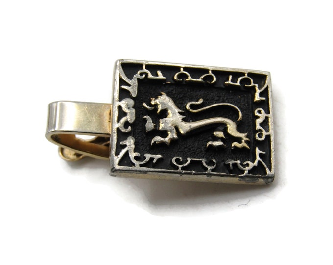 Lion And Decorative Motif Tie Clip Tie Bar Men's Jewelry Black & Gold Tone