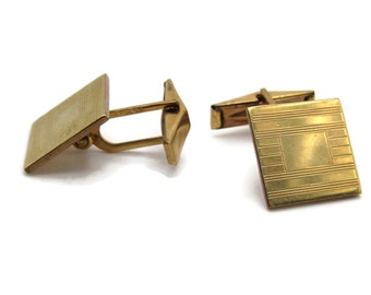 Horizontal Lines And Rectangle Center Square Cuff Links Men's Jewelry Gold Tone