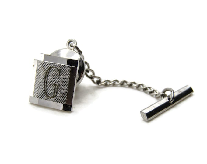 Square G Letter Initial Monogram Tie Pin Textured Background Men's Jewelry Silver Tone