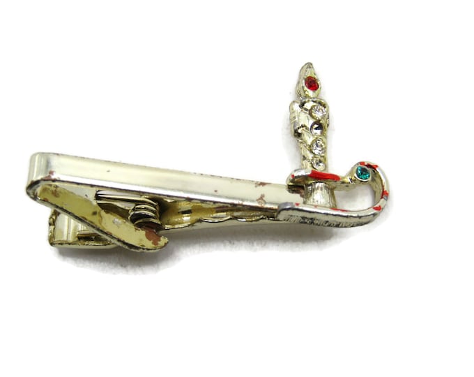 Red & Green Painted Candle Stick Tie Clip Tie Bar Men's Jewelry Gold Tone