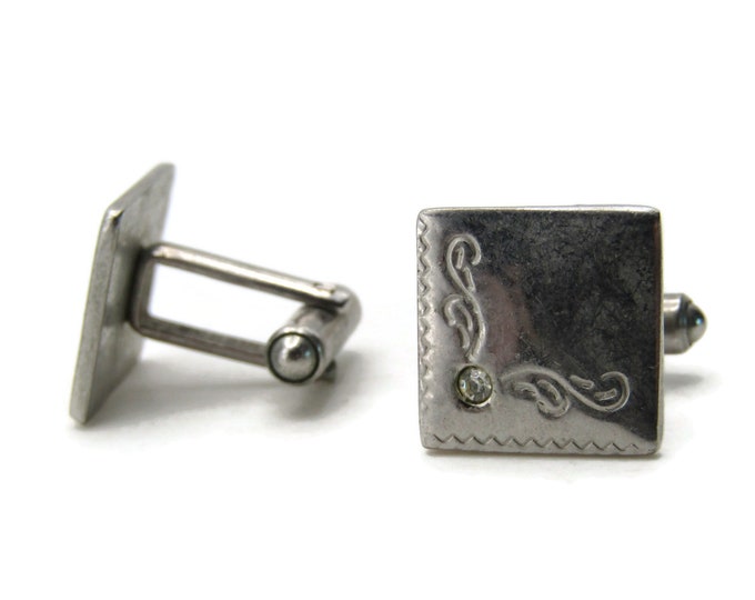 Square Cuff Links Rhinestone And Decorative Motif Cuff Links Men's Jewelry Silver Tone