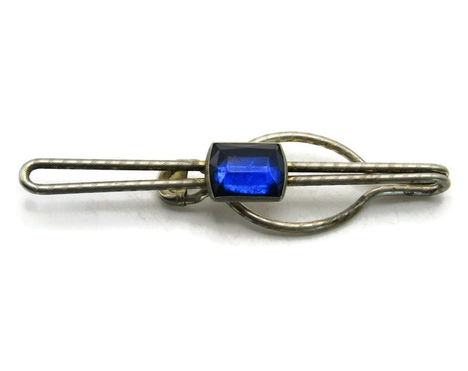 Blue Stone Inlay Open Body Tie Clip Tie Bar Men's Jewelry Silver Tone