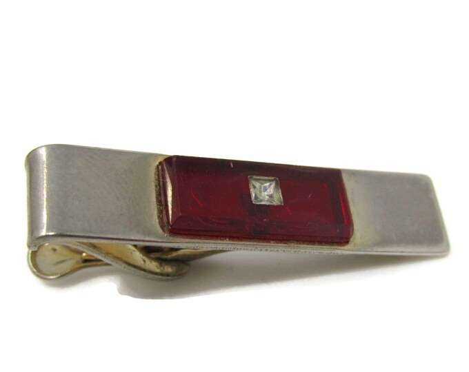 Translucent Red Setting Clear Jewel Tie Bar Clip Gold Tone Stand Out w/ Style Fit In with Class