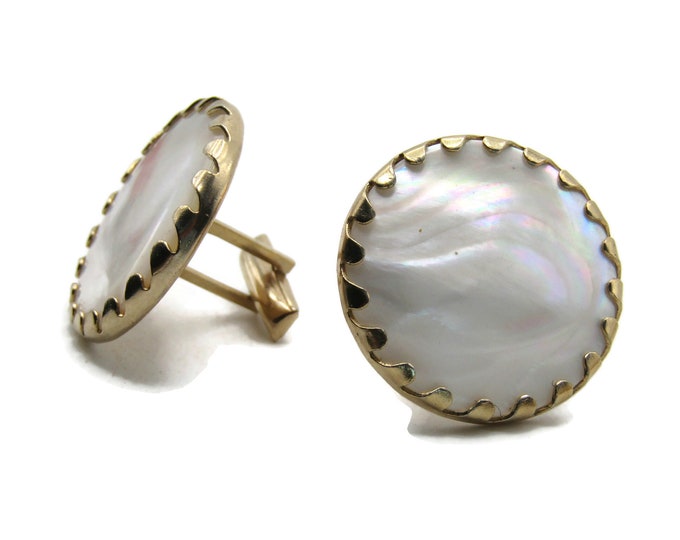 Round Mother Of Pearl Inlay Cuff Links Decorative Edging Men's Jewelry Gold Tone