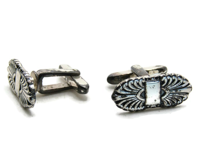 Geometric Decorative Line Patterned Oval Cuff Links Men's Jewelry Silver Tone