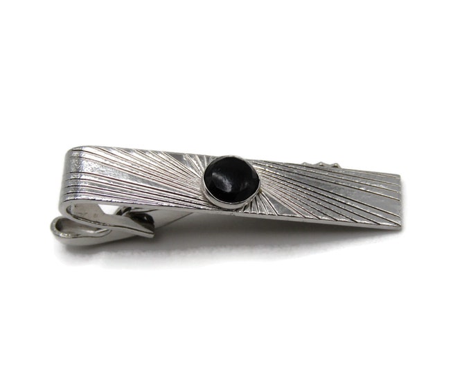 Black Stone Starburst Etched Tie Clip Silver Tone Tie Bar Men's Jewelry