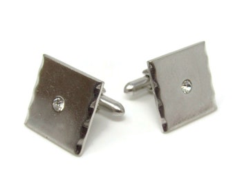 Vintage Silver Tone Cufflinks: Square Clear Jewel Design