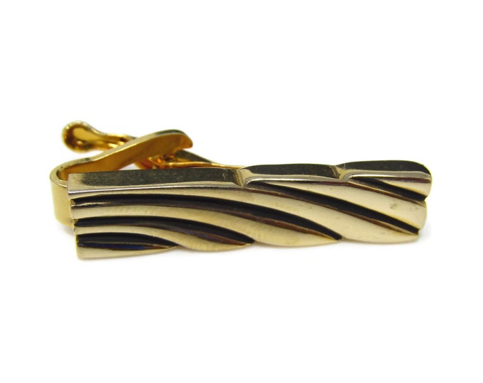 Vintage Tie Clip Tie Bar: Gorgeous Swirl Line Grooves Modernist Gold Tone