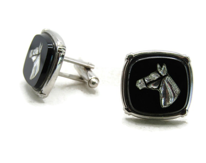 Silver Horse Head and Black Stone Inlay Cuff Links Silver Tone Men's Jewelry