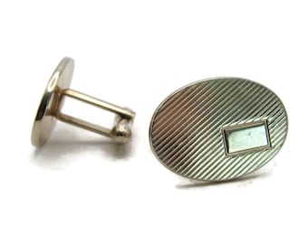 Etched Line Oval and Rectangle Shape Cuff Links Silver Tone Men's Jewelry