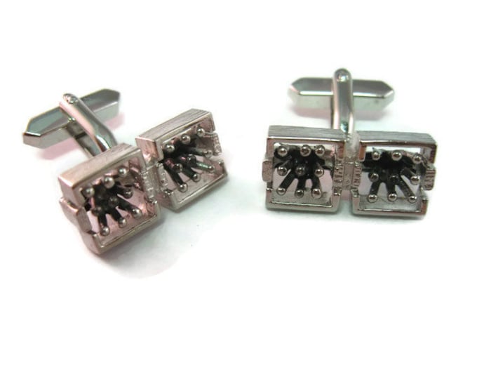 Vintage Cufflinks for Men: Modernist Art Silver Tone Double Square Design