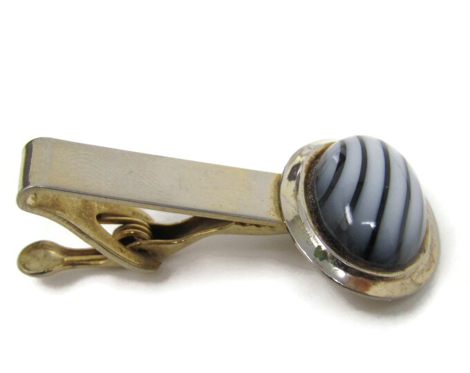White Black Glass Tie Bar Clip Vintage Gold Tone Stand Out w/ Style Fit In with Class