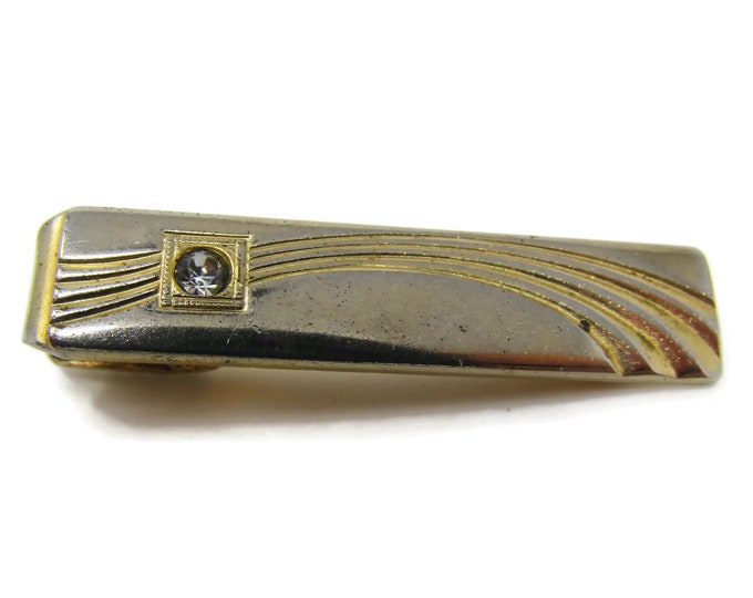 Vintage Tie Clip Tie Bar: Clear Jewel Swoop Grooves Design