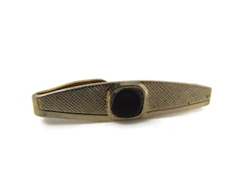 Vintage Tie Clip Tie Bar: Black Center Accent Textured Gold Tone