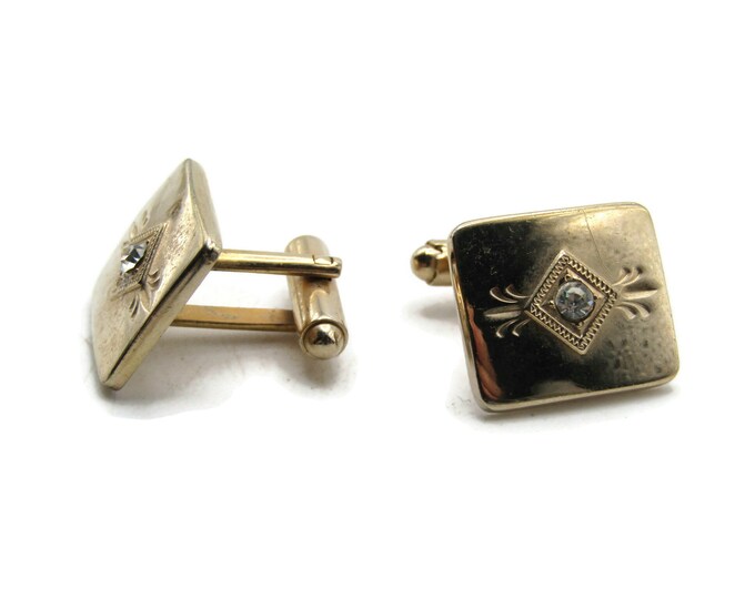 Rhinestone Inlay Decorative Motif Rectangle Cuff Links Men's Jewelry Gold Tone