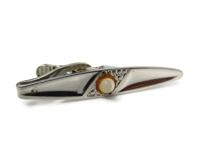 Vintage Tie Bar Clip: White Ball Center Silver Tone