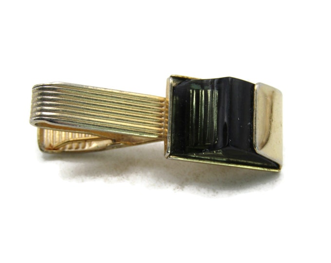 Black Stone Inlay Abstract Tie Clip Gold Tone Vintage Tie Bar Men's Jewelry