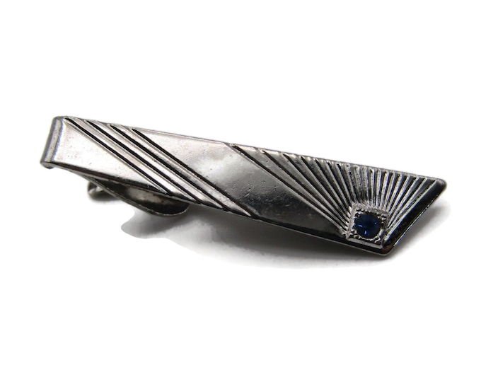Blue Rhinestone Inlay Diagonal Stripes Silver Tone Tie Bar Tie Clip Men's Jewelry