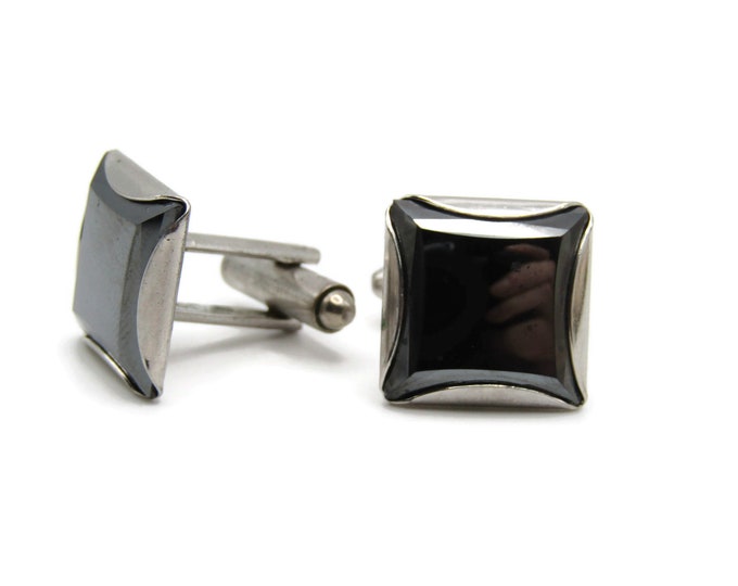 Vintage Cufflinks for Men: Shiny Black Square Stone Inlay Silver Tone