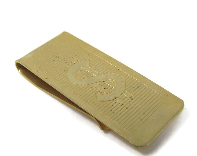 Dollar Sign Etch Money Clip Vintage Ridged Gold Tone Design