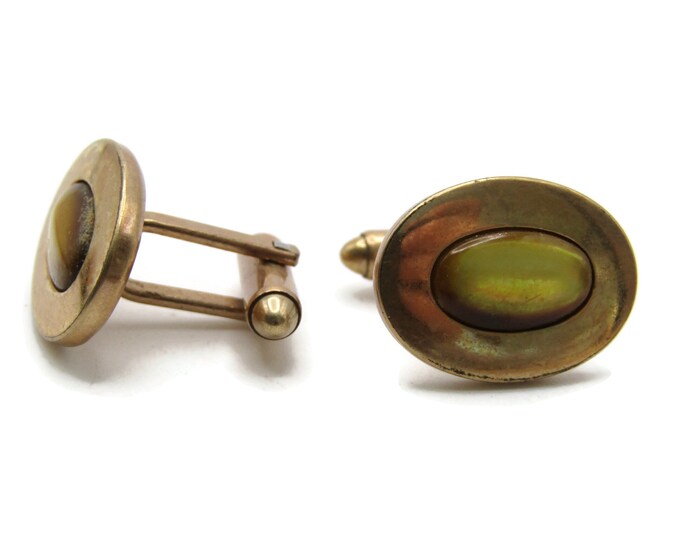 Oval Brown Stone Inlay Cuff Links Men's Jewelry Gold Tone