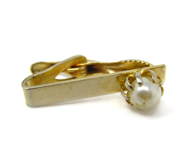 Faux Pearl Tie Clip Men's Vintage Tie Bar Gold Tone