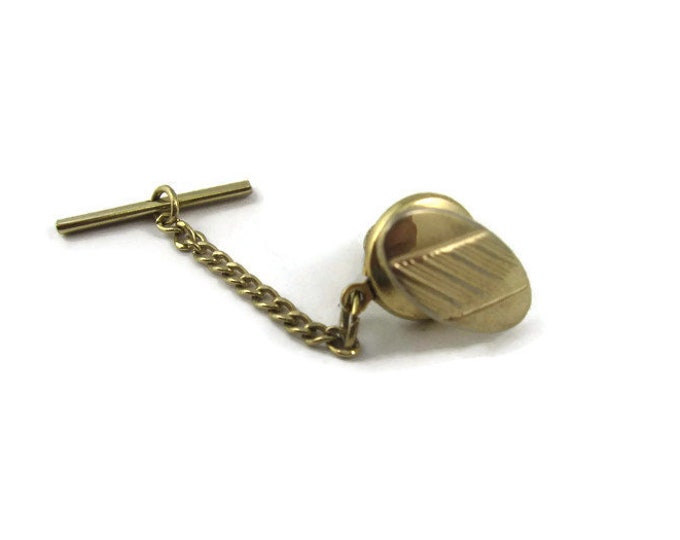 Vintage Tie Tack Tie Pin: Grooved Diagonal Stripe Center Elongated Oval Gold Tone