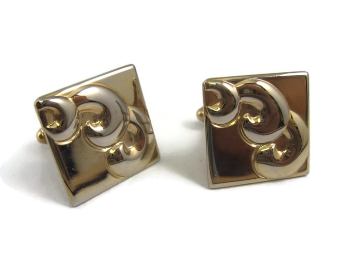 Vintage Cufflinks for Men: Gold Tone Square Curl Art Design