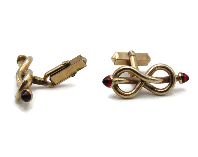 Red Stone Inlay Knot Design Cuff Links Gold Tone Men's Jewelry