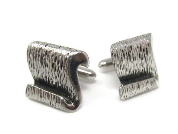 Vintage Silver Tone Cufflinks: Wood Texture Scrol… - image 1