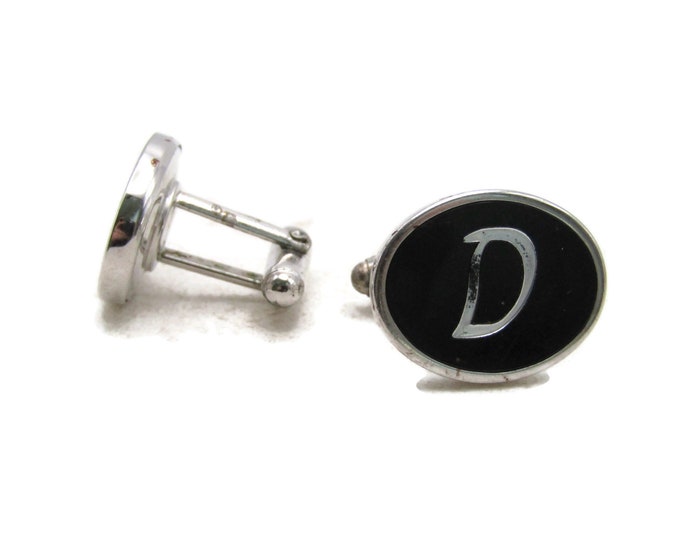 D Letter Initial Monogram Black Stone Inlay Cuff Links Silver Tone Men's Jewelry