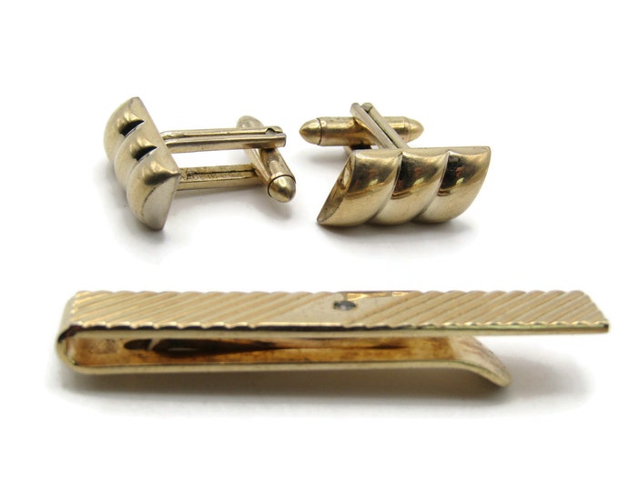 Rounded Bars Cuff Links And Diagonal Line Design Tie Clip Set Men's Jewelry Gold Tone