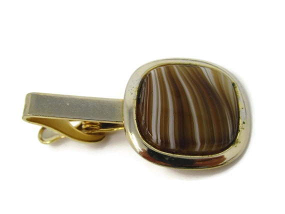 Vintage Tie Clip Tie Bar: Brown & White Striped G… - image 1
