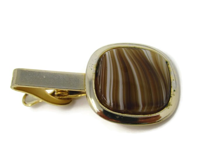 Vintage Tie Clip Tie Bar: Brown & White Striped Glass Nice Design