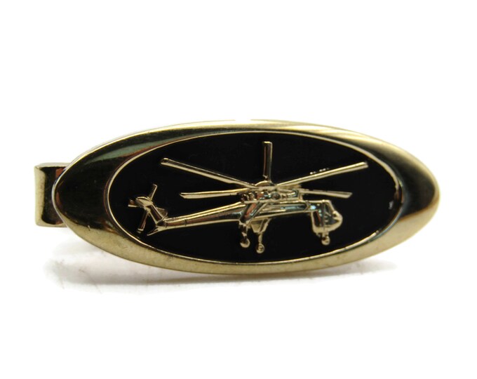 Helicopter Oval Tie Clip Tie Bar Men's Jewelry Black & Gold Tone