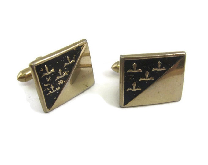 Diagonal Half Design Stylized Flower Black & Gold Tone Rectangle Vintage Men's Cufflinks Jewelry