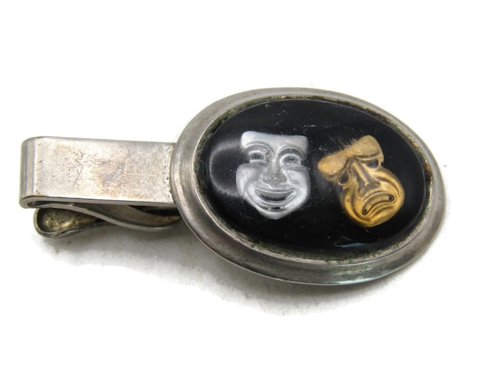 Comedy Tragedy Masks Tie Clip Black Stone Inlay Silver Tone Tie Bar Men's Jewelry
