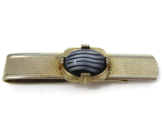 White & Black Striped Glass Tie Clip Vintage Tie Bar: Textured Gold Tone Body