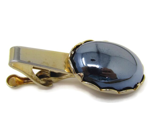 Vintage Tie Clip Tie Bar: Large Hematite Cabochon Accent Nice Design Good Quality