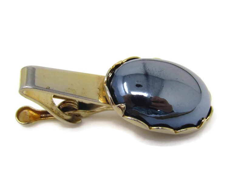 Vintage Tie Clip Tie Bar Large Hematite Cabochon Accent Nice Design Good Quality