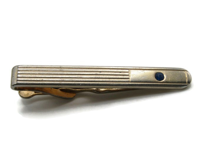 Blue Rhinestone Inlay Vertical Lines Tie Bar Tie Clip Men's Jewelry Gold Tone