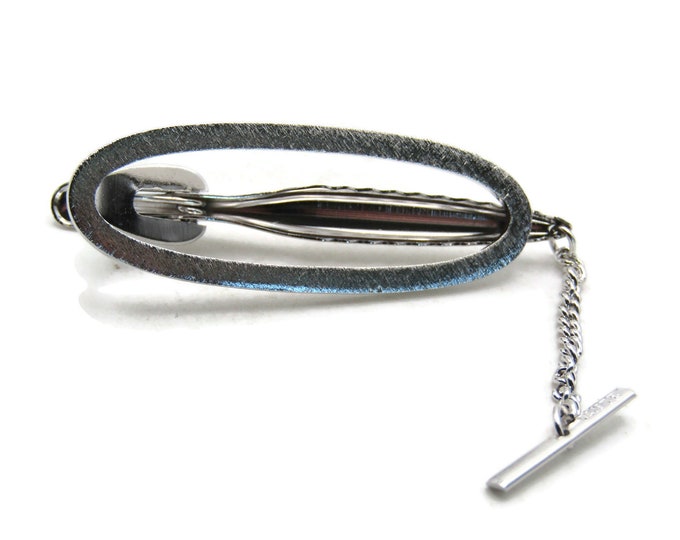 Open Textured Oval Tie Clip With Chain Tie Bar Men's Jewelry Silver Tone