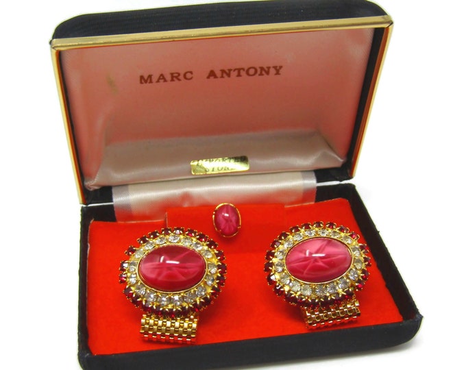 Men's Cufflinks and Tie Tack Pin Set Vintage Stunning Pink, Red & Clear Jewels High Quality Beautiful