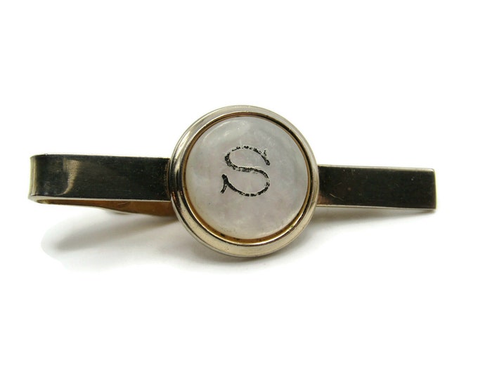 S Initial Letter Monogram Mother of Pearl Inlay Silver Tone Tie Clip Tie Bar Men's Jewelry