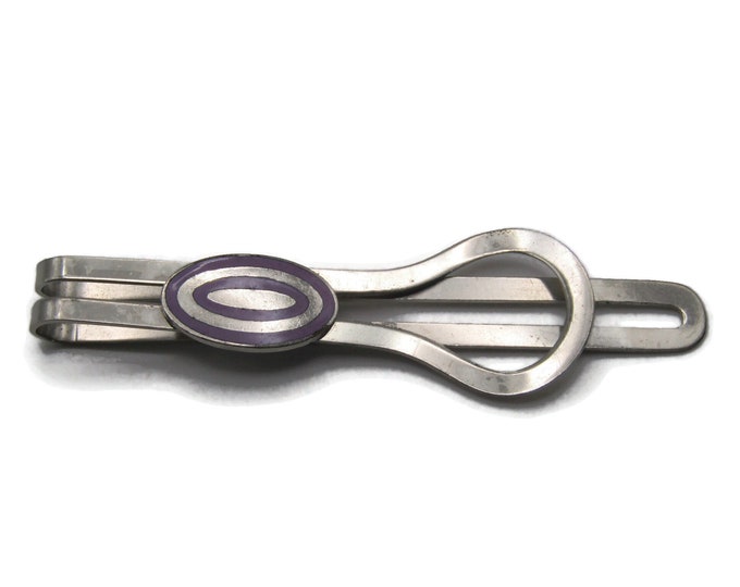 Purple & Silver Oval Lined Open Body Silver Tone Tie Clip Tie Bar Men's Jewelry